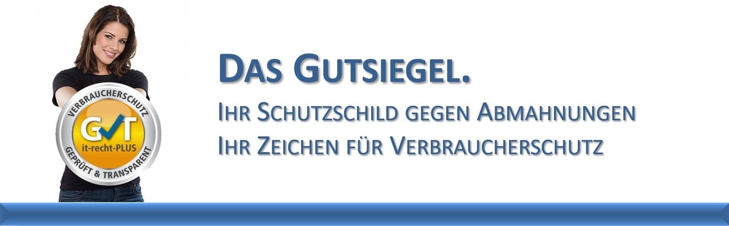 Eine Frau hält das GuT-Siegel wie einen Schild vor sich. Daneben der Text: Das Gutsiegel. Ihr Schutzschild gegen Abmahnungen. Ihr Zeichen für Verbraucherschutz.